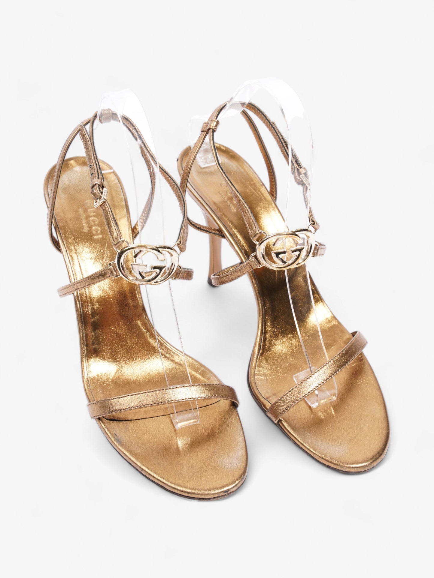 Gucci GG Logo Strappy Open Toe 80mm Gold Leather EU 38.5 UK 5.5
