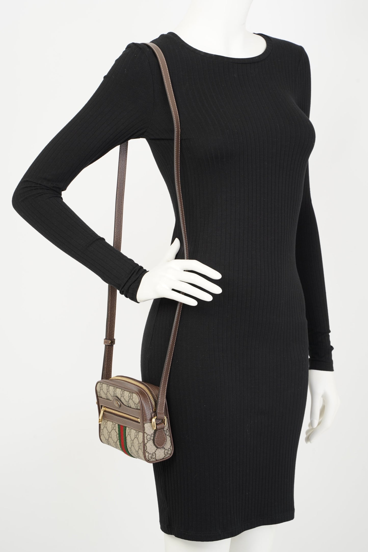Gucci Ophidia Mini Beige And Ebony GG Supreme / Green And Red Stripe Coated Canvas