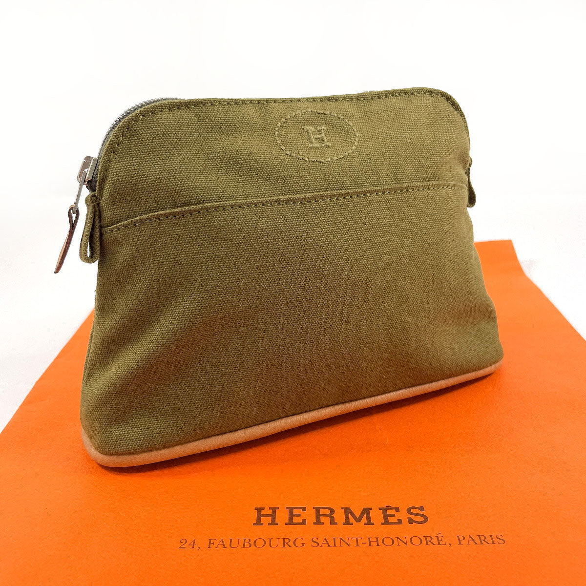 HERMES Pouch Cotton , 100% cotton khaki Bollid pouch mini unisex Used