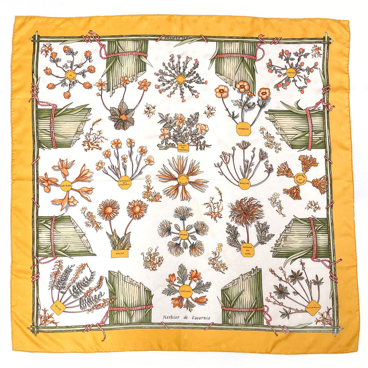 HERMES scarf Silk, 100% silk yellow Herbier de Gavarnie Pressed flowers in the Gavarnie valley Carre 90