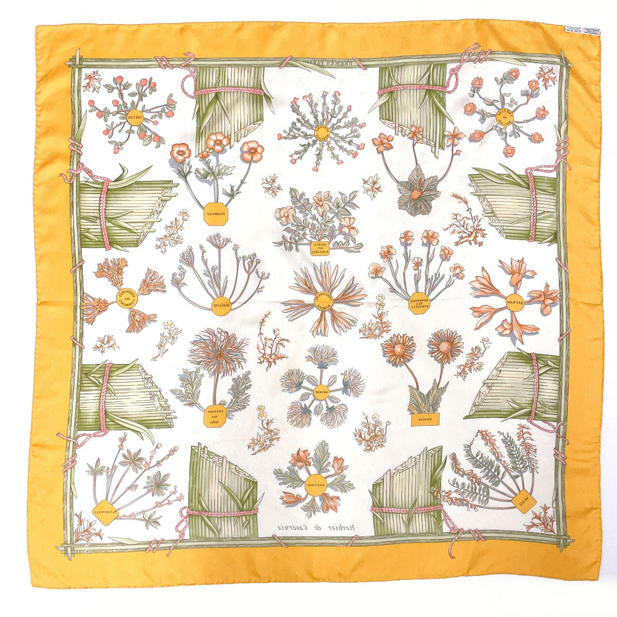 HERMES scarf Silk, 100% silk yellow Herbier de Gavarnie Pressed flowers in the Gavarnie valley Carre 90