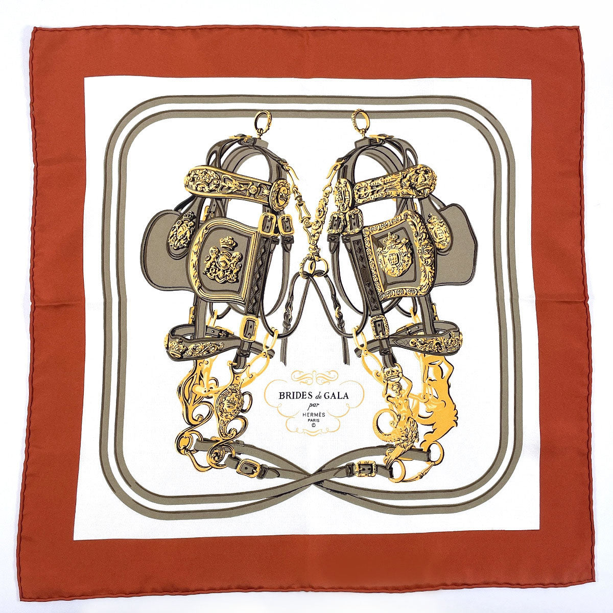 HERMES scarf 100% silk Brown BRIDES de GARA Carre 45 Women Used