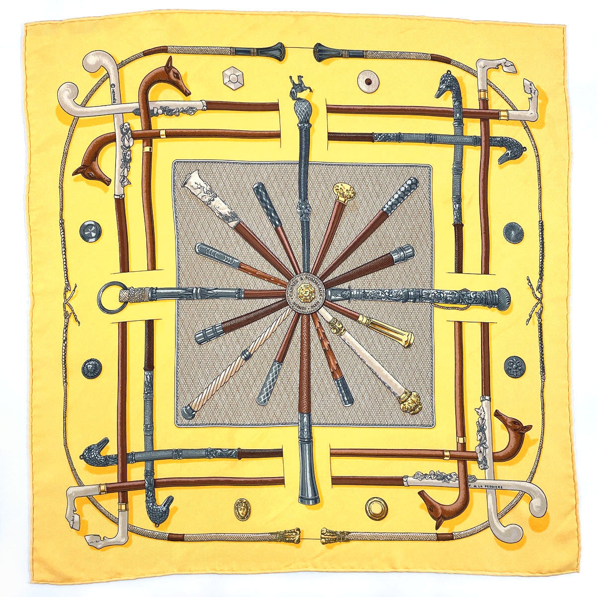 HERMES scarf 100% silk yellow CANNES & POMMEAUX Carre 45 Women Used
