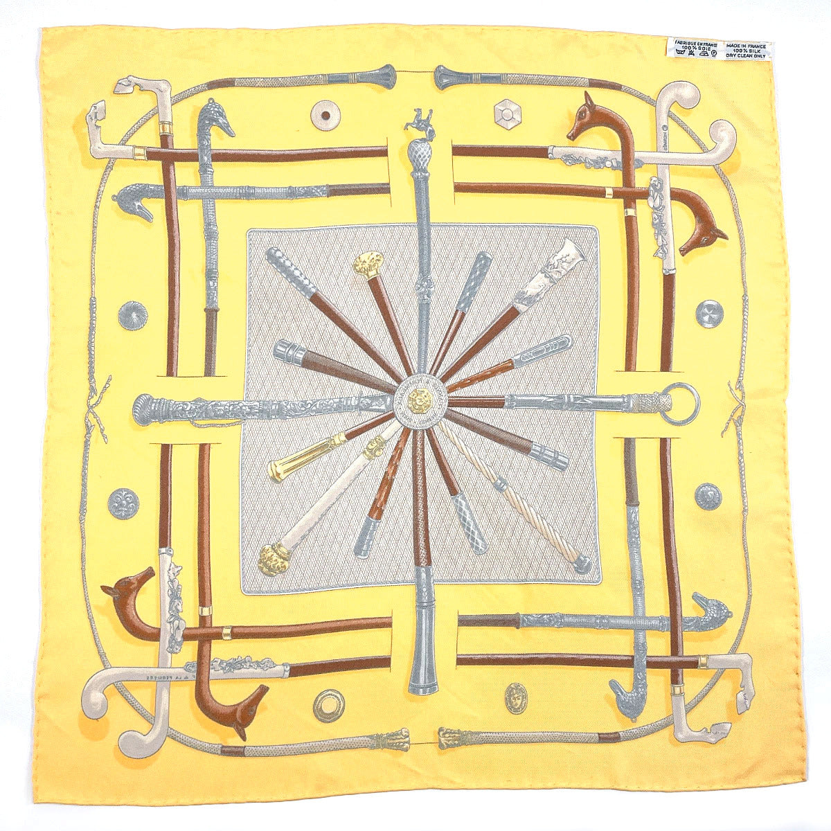 HERMES scarf 100% silk yellow CANNES & POMMEAUX Carre 45 Women Used