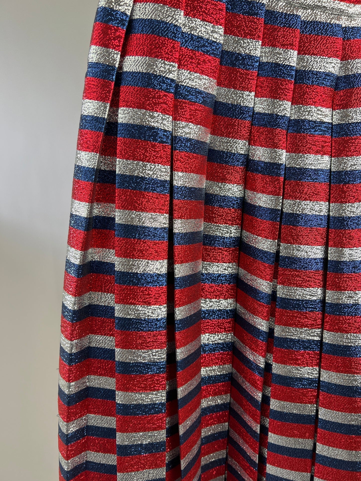Gucci Metallic Red, Navy, Silver Stripe Pleated Midi Skirt Size IT 42 (UK 10)