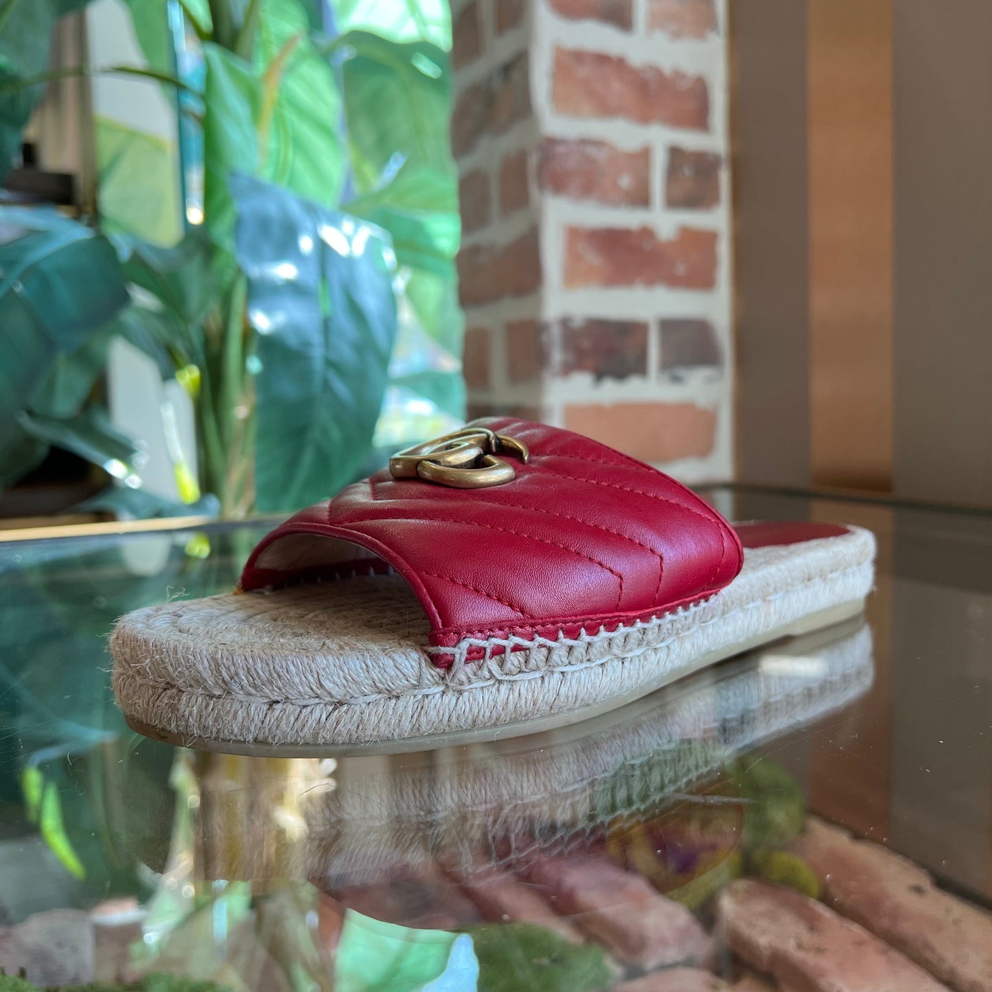 GUCCI Red Nappa Matelasse GG Marmont Espadrille Slides Sandals SZ39.5(9.5US)