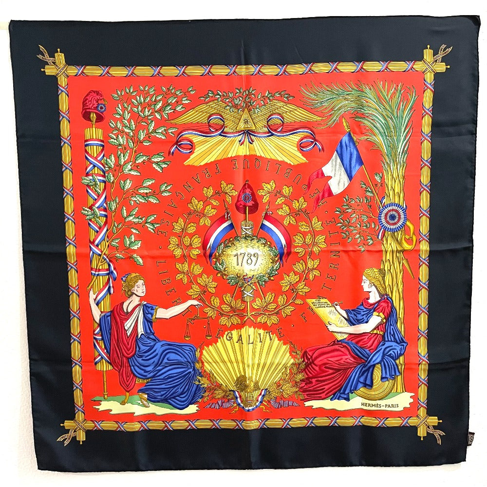 HERMES scarf 100% silk Black x red Carre90 LIBERTE EGALITE FRATERNITE REPUBLIQUE FRANCAISE Women Used
