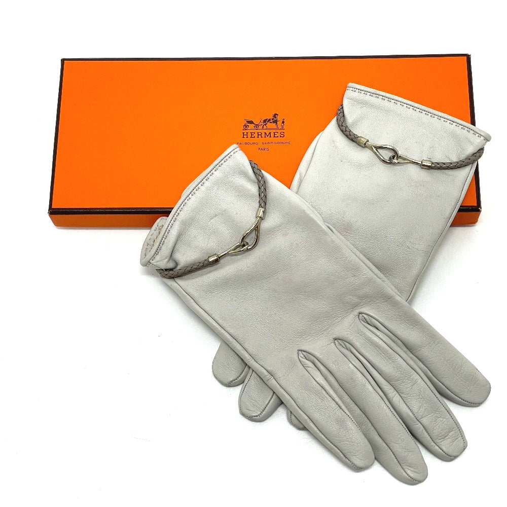 HERMES Glove leather gray Jumbo hook motif Women