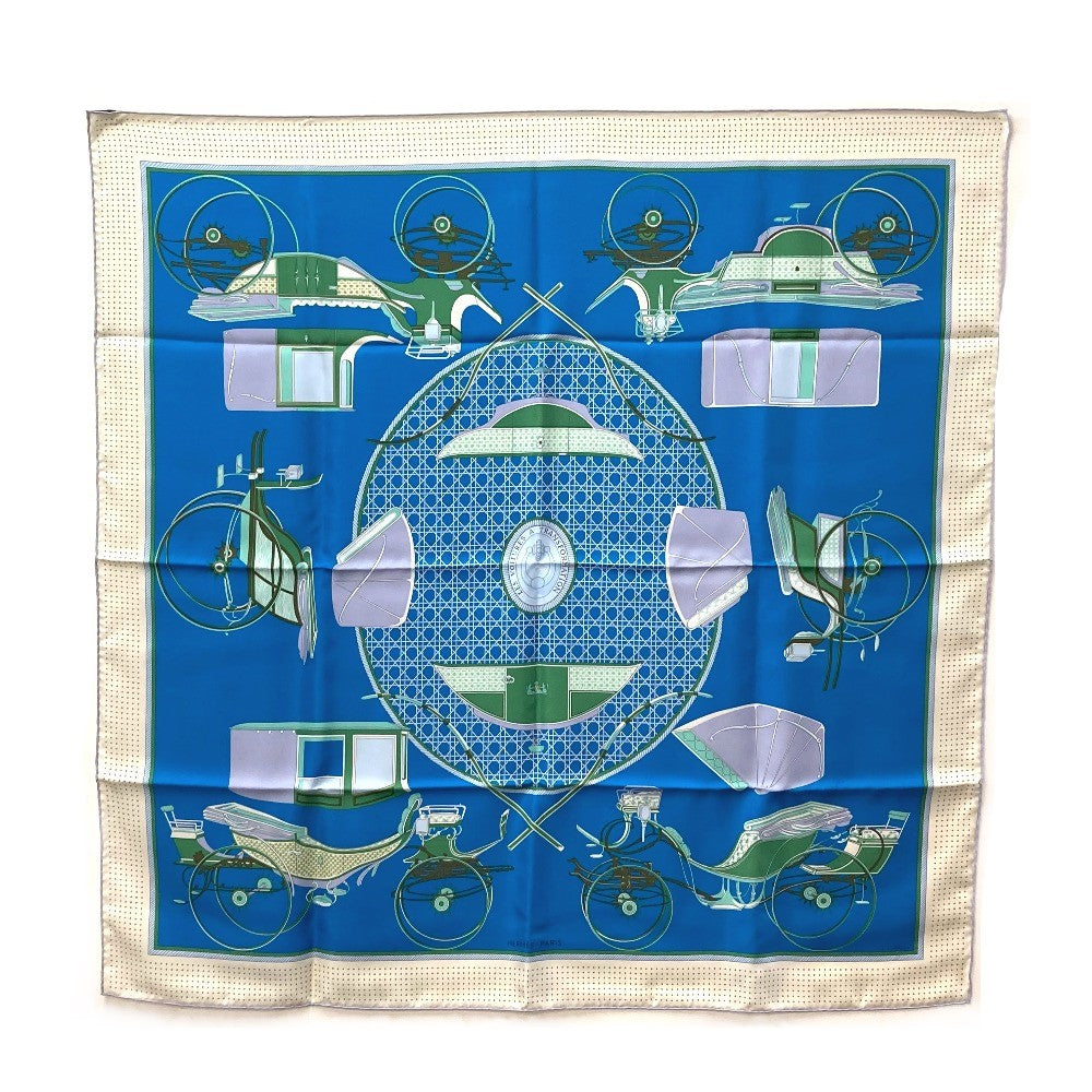 HERMES scarf silk Blue x Green x Ivory LA PERRIERE Carriage Women Used