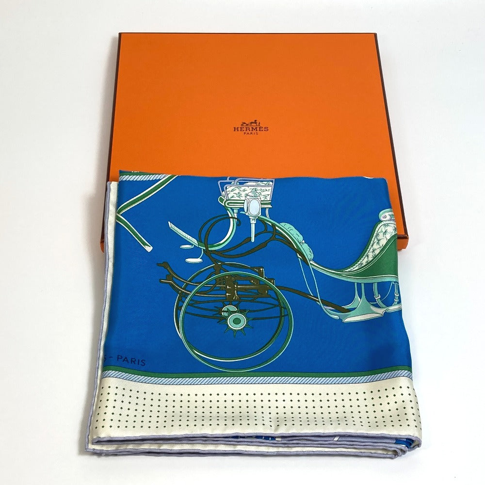 HERMES scarf silk Blue x Green x Ivory LA PERRIERE Carriage Women Used