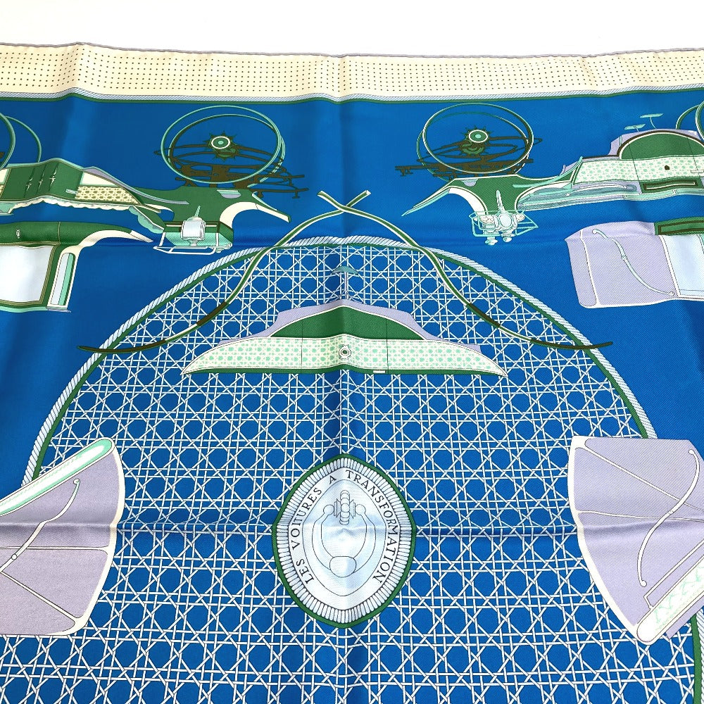 HERMES scarf silk Blue x Green x Ivory LA PERRIERE Carriage Women Used