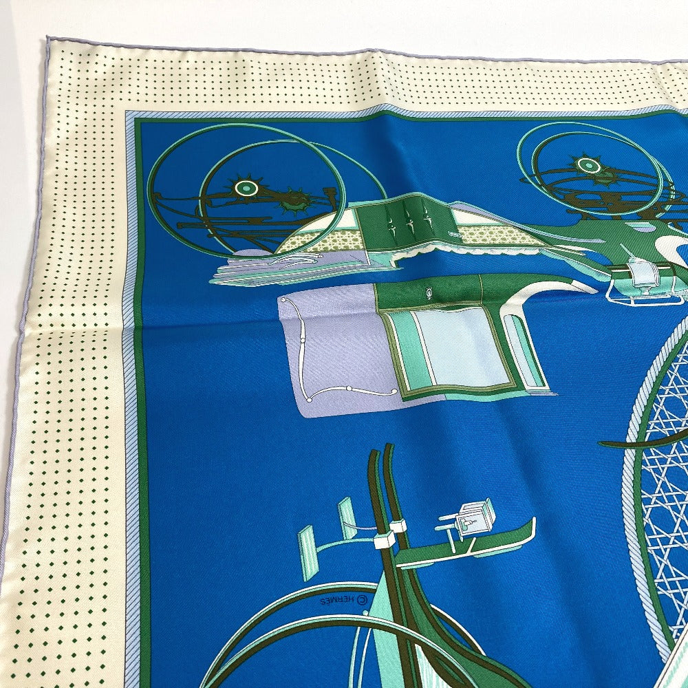 HERMES scarf silk Blue x Green x Ivory LA PERRIERE Carriage Women Used