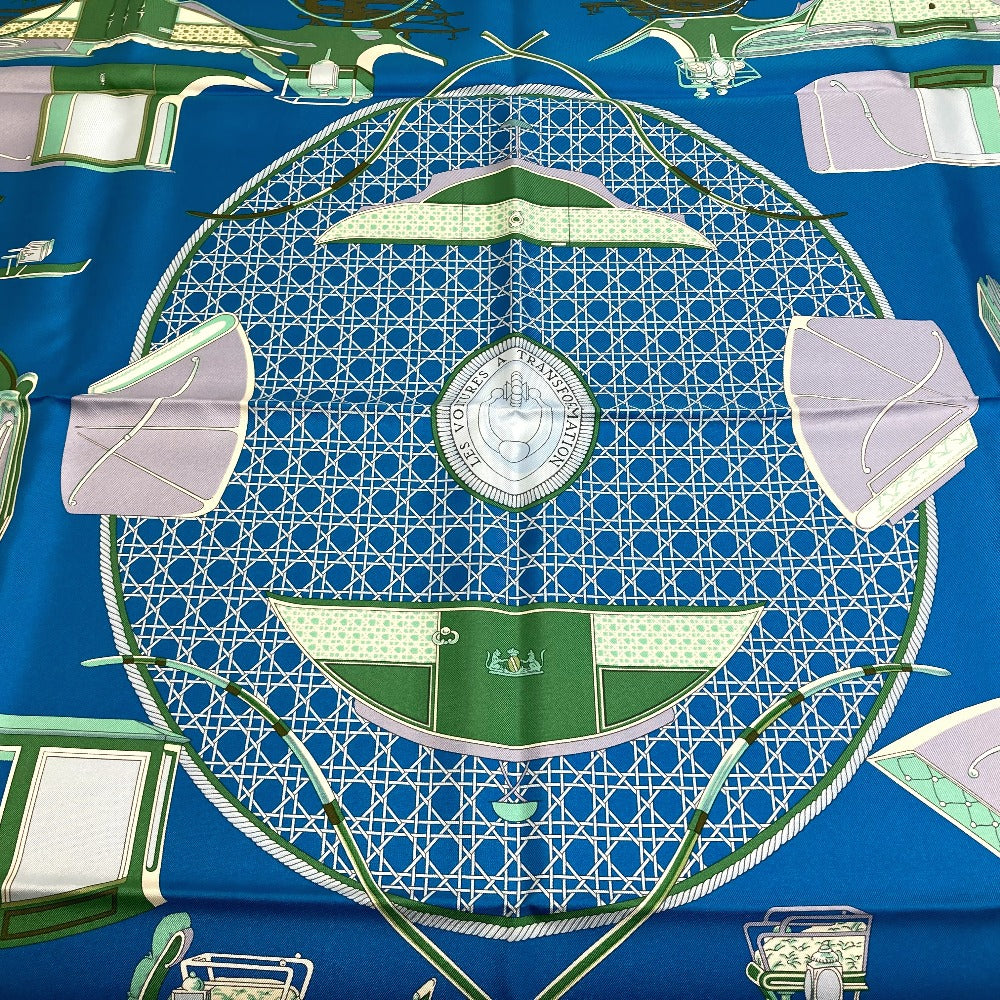 HERMES scarf silk Blue x Green x Ivory LA PERRIERE Carriage Women Used