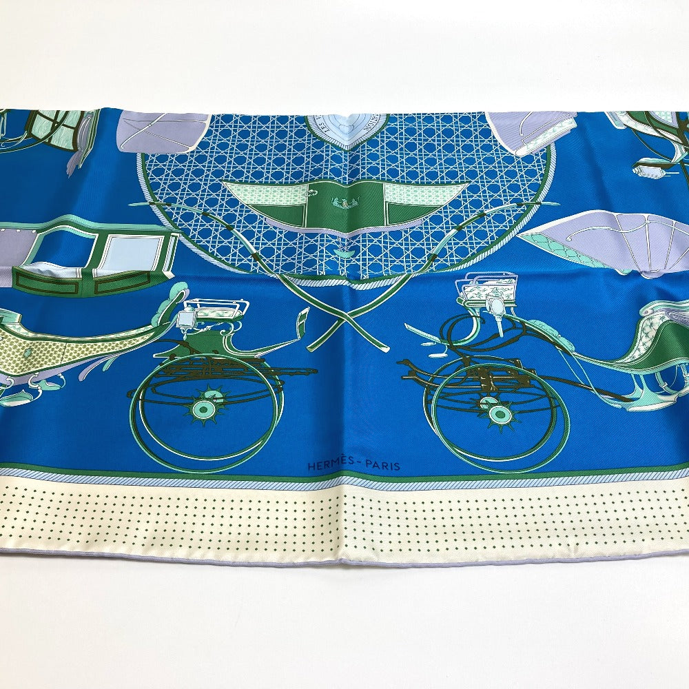 HERMES scarf silk Blue x Green x Ivory LA PERRIERE Carriage Women Used