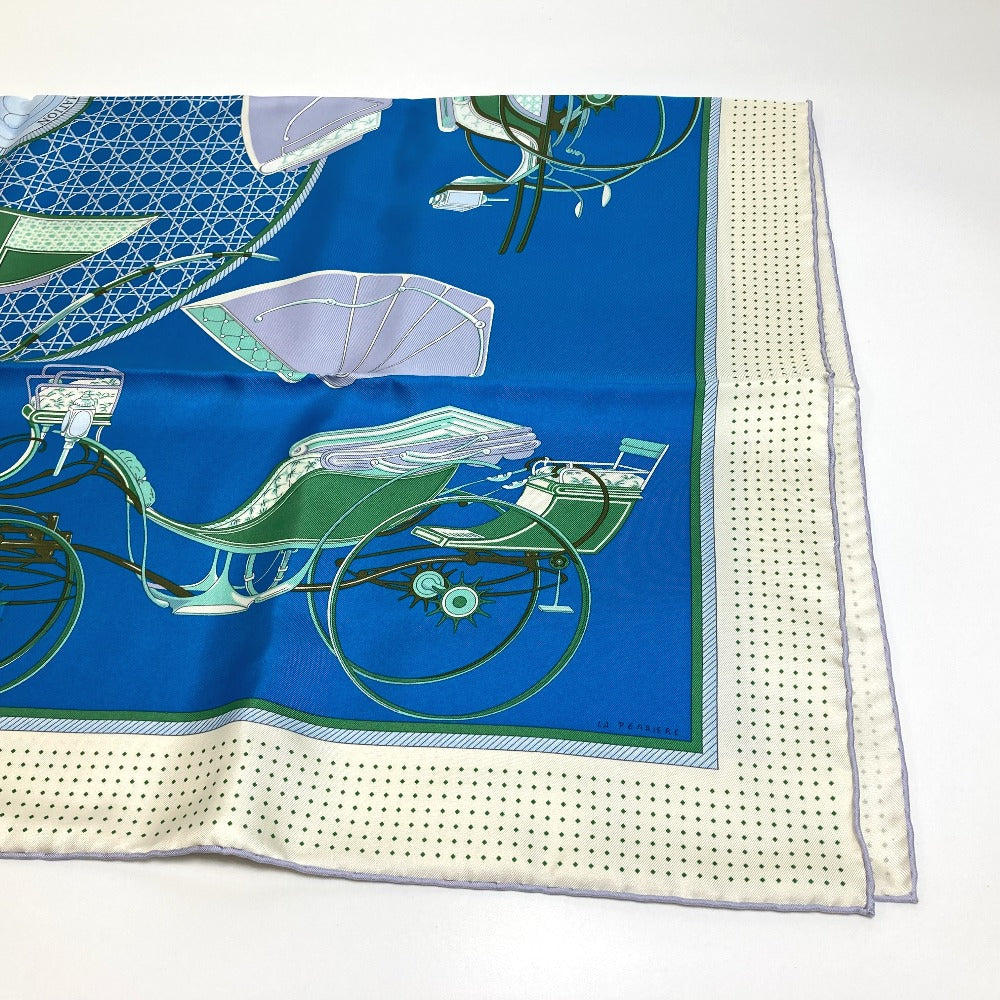HERMES scarf silk Blue x Green x Ivory LA PERRIERE Carriage Women Used