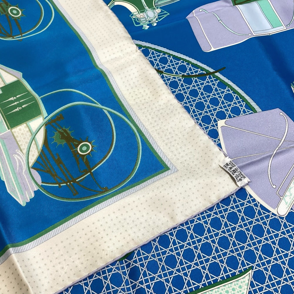 HERMES scarf silk Blue x Green x Ivory LA PERRIERE Carriage Women Used