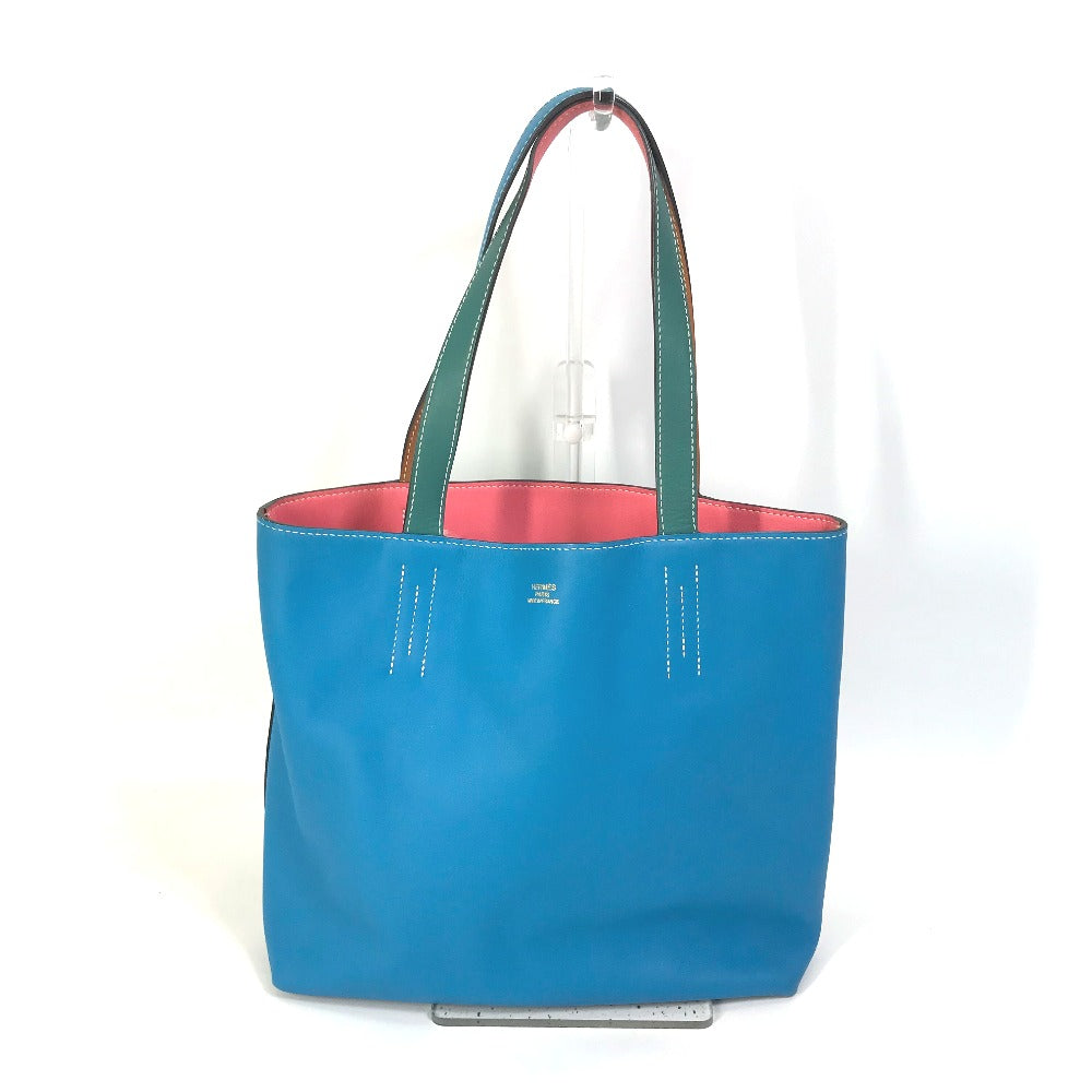HERMES Tote Bag Leather, Vokissim Blue Zanzibar / Malachite double sense 35 Reversible by color Women Used