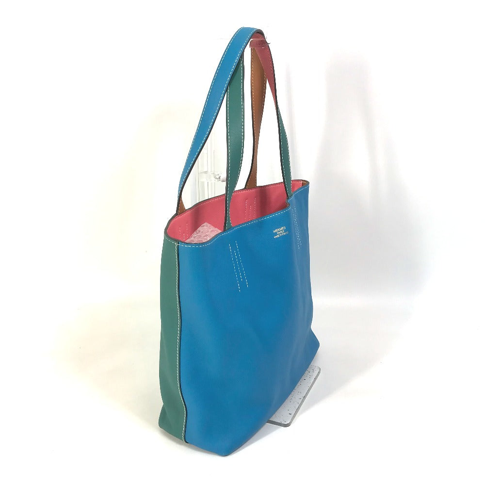 HERMES Tote Bag Leather, Vokissim Blue Zanzibar / Malachite double sense 35 Reversible by color Women Used