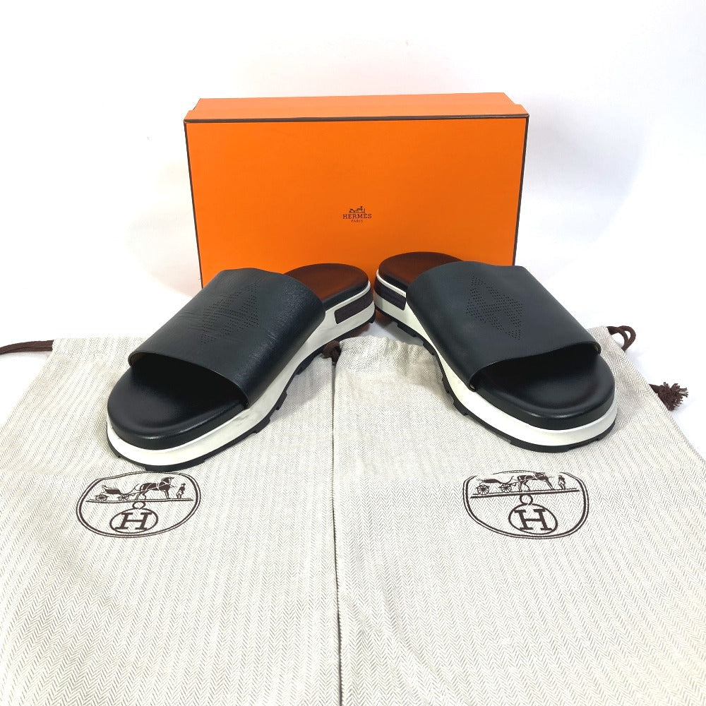 HERMES Sandals leather black Punching H mens 41.5 Used