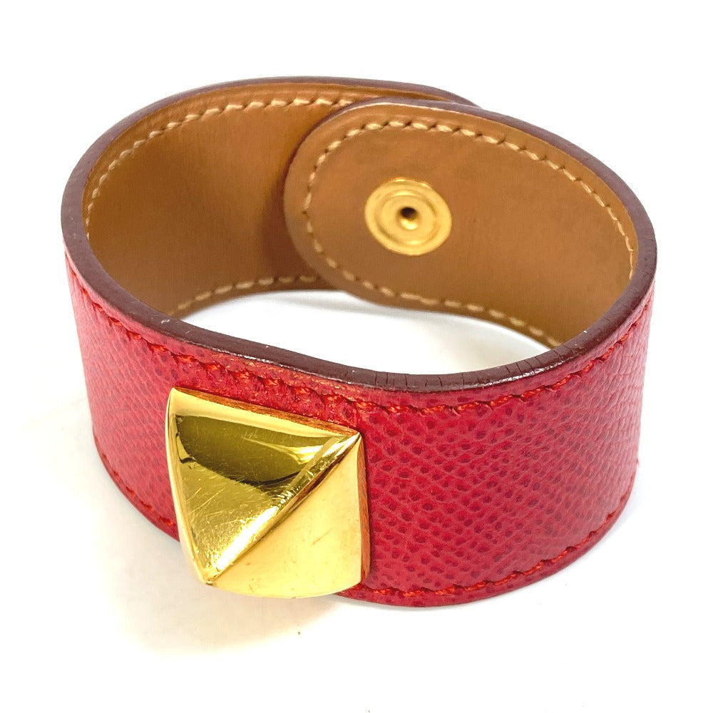HERMES bracelet Leather, Gold Plated Red Bangle Medor Women Used