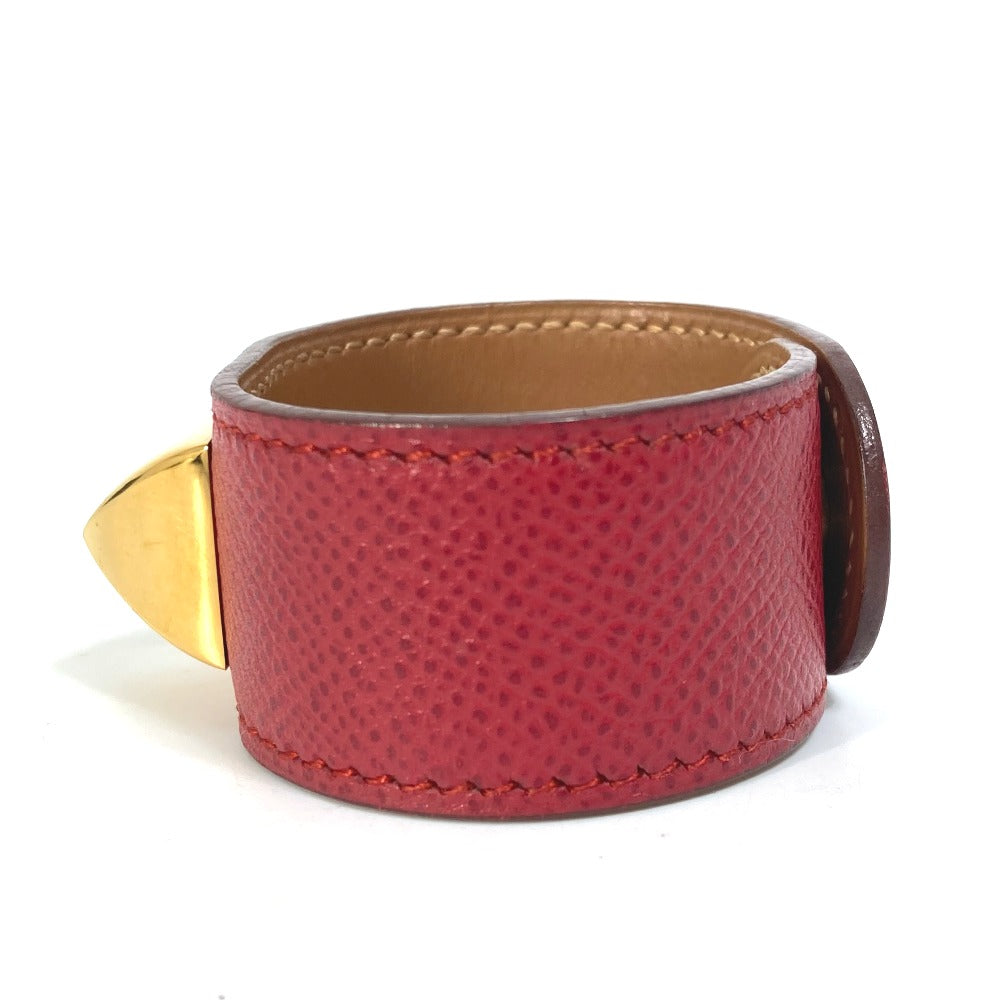 HERMES bracelet Leather, Gold Plated Red Bangle Medor Women Used