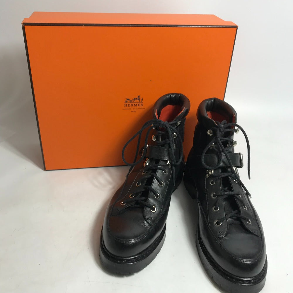 HERMES boots leather black trekking High cut H logo mens 40 Used