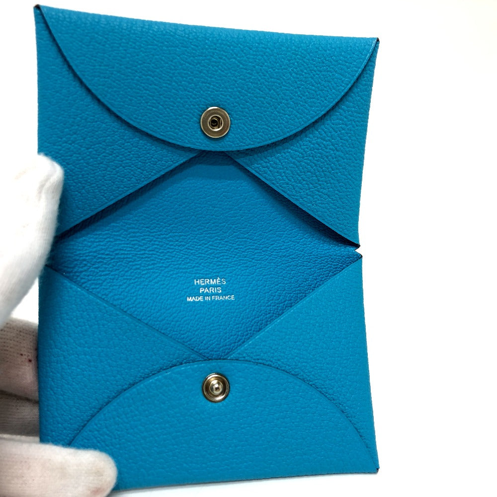 HERMES Card Case Shave blue Calvi Women Used