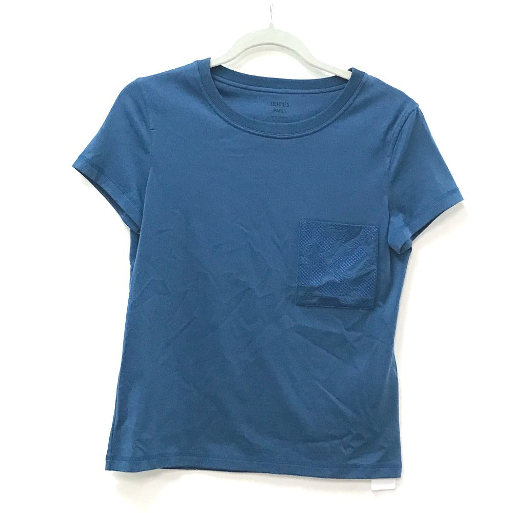 HERMES Short sleeve T-shirt cotton blue apparel tops short sleeves embroidered pocket Women 34 Used