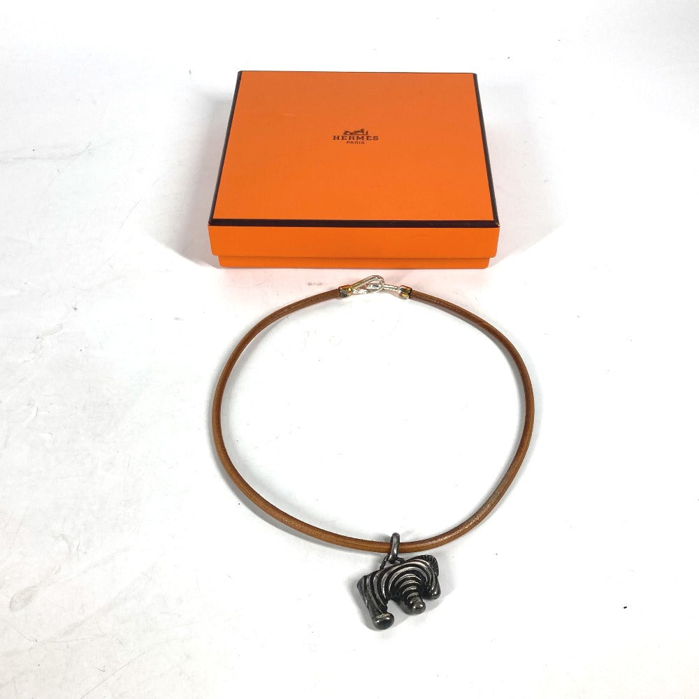 HERMES Necklace leather Silver animal Zebra Choker Women Used