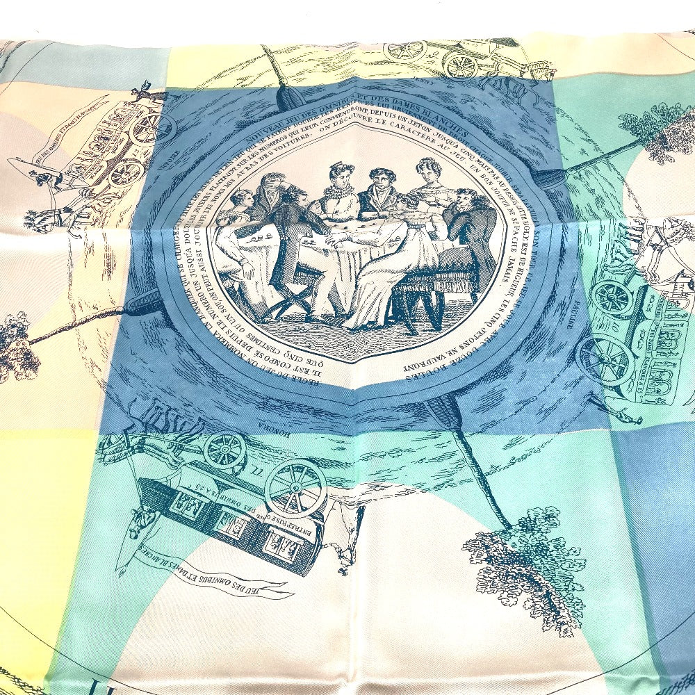 HERMES scarf silk yellow "The Game of Omnibus and the White Lady" Caregean