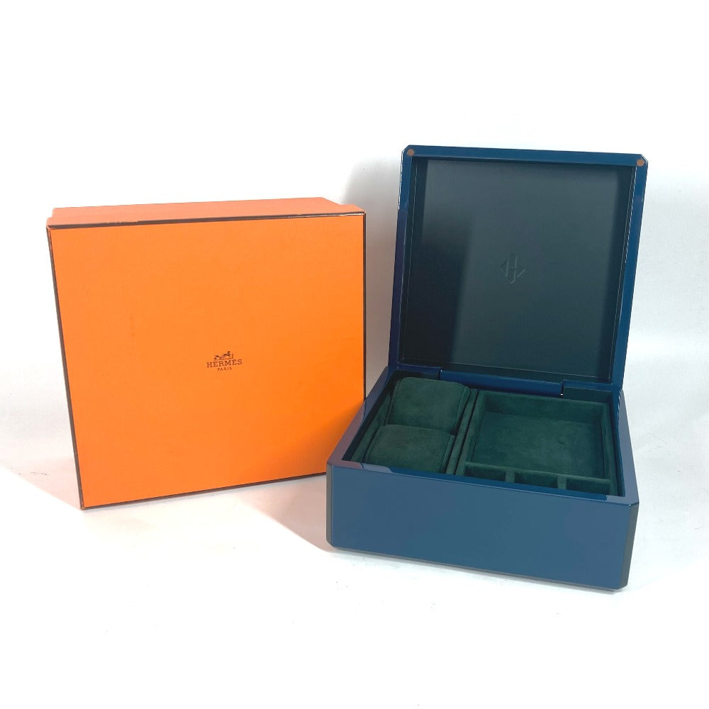 HERMES Accessory case Wood, Lacquer blue logo wood Watch & Jewelry Box "Facet/H Dedal"