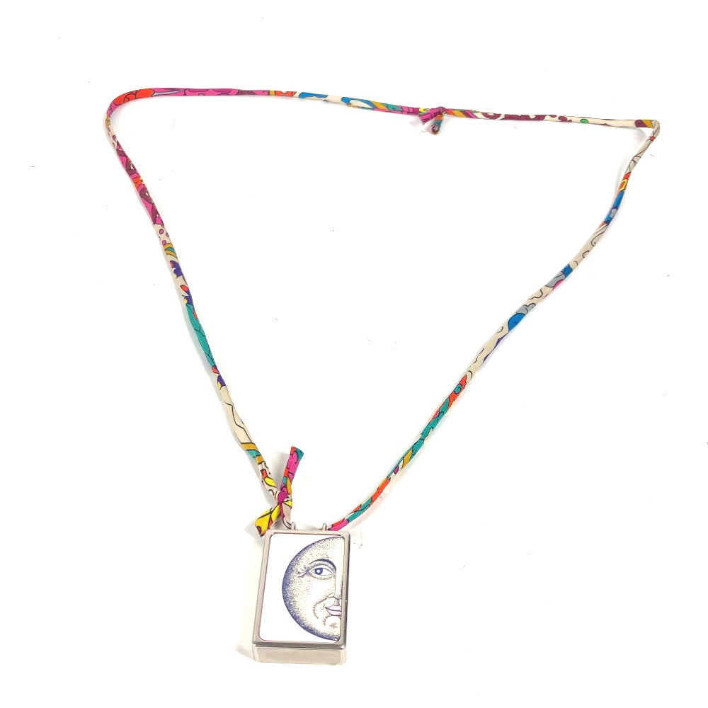 HERMES Necklace Metal, Silk Silver Boîte a Reve Moon Motif Pill Case