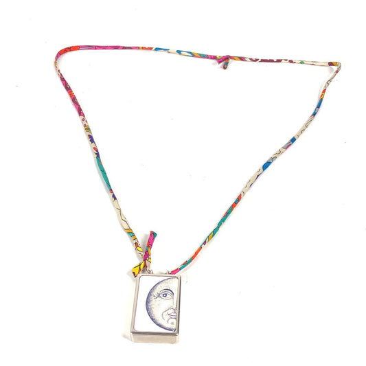 HERMES Necklace Metal, Silk Silver Boîte a Reve Moon Motif Pill Case