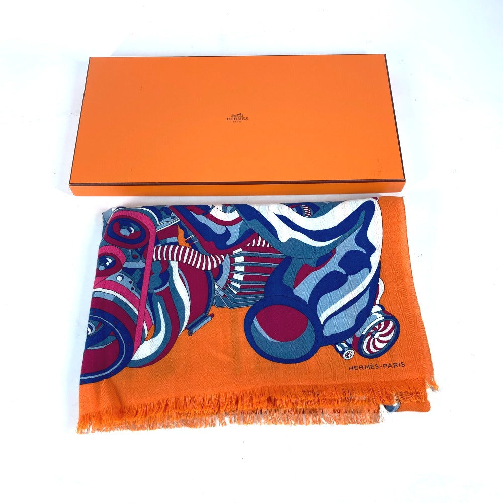HERMES Scarf Cashmere, Silk Orange fringe shawl stole Rectangle