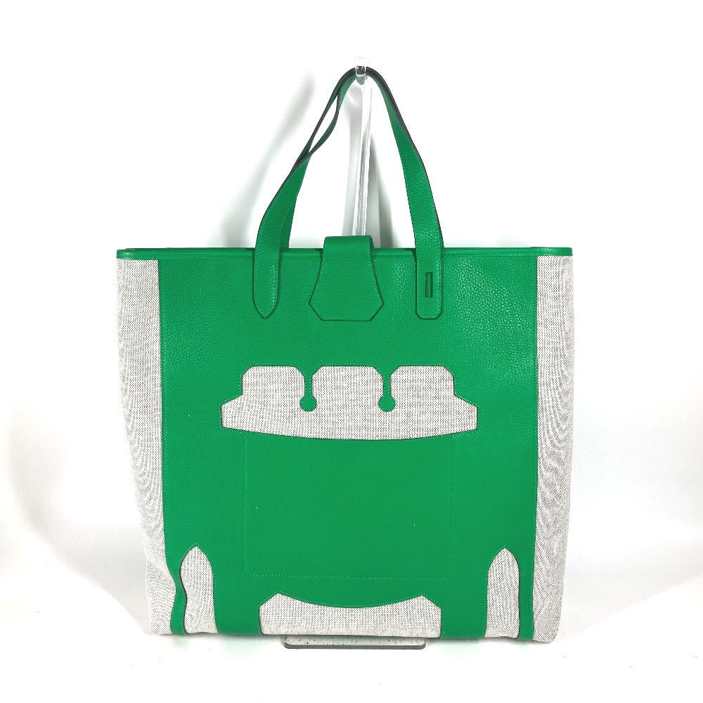 HERMES Tote Bag Toile H, Leather green Shoulder Bag Vertical Petite Hun Monsieur B