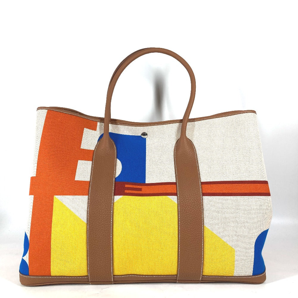 HERMES Tote Bag Toile H, Leather Orange Garden Party GM Voyage