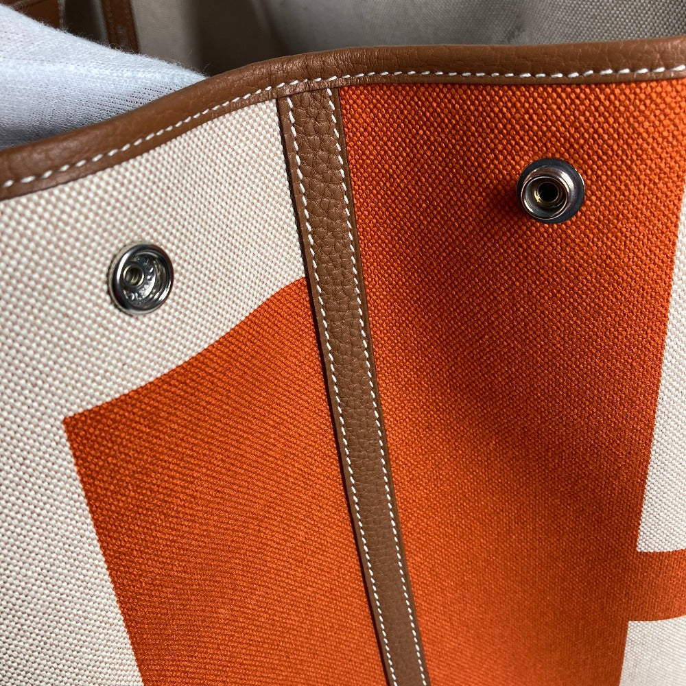 HERMES Tote Bag Toile H, Leather Orange Garden Party GM Voyage
