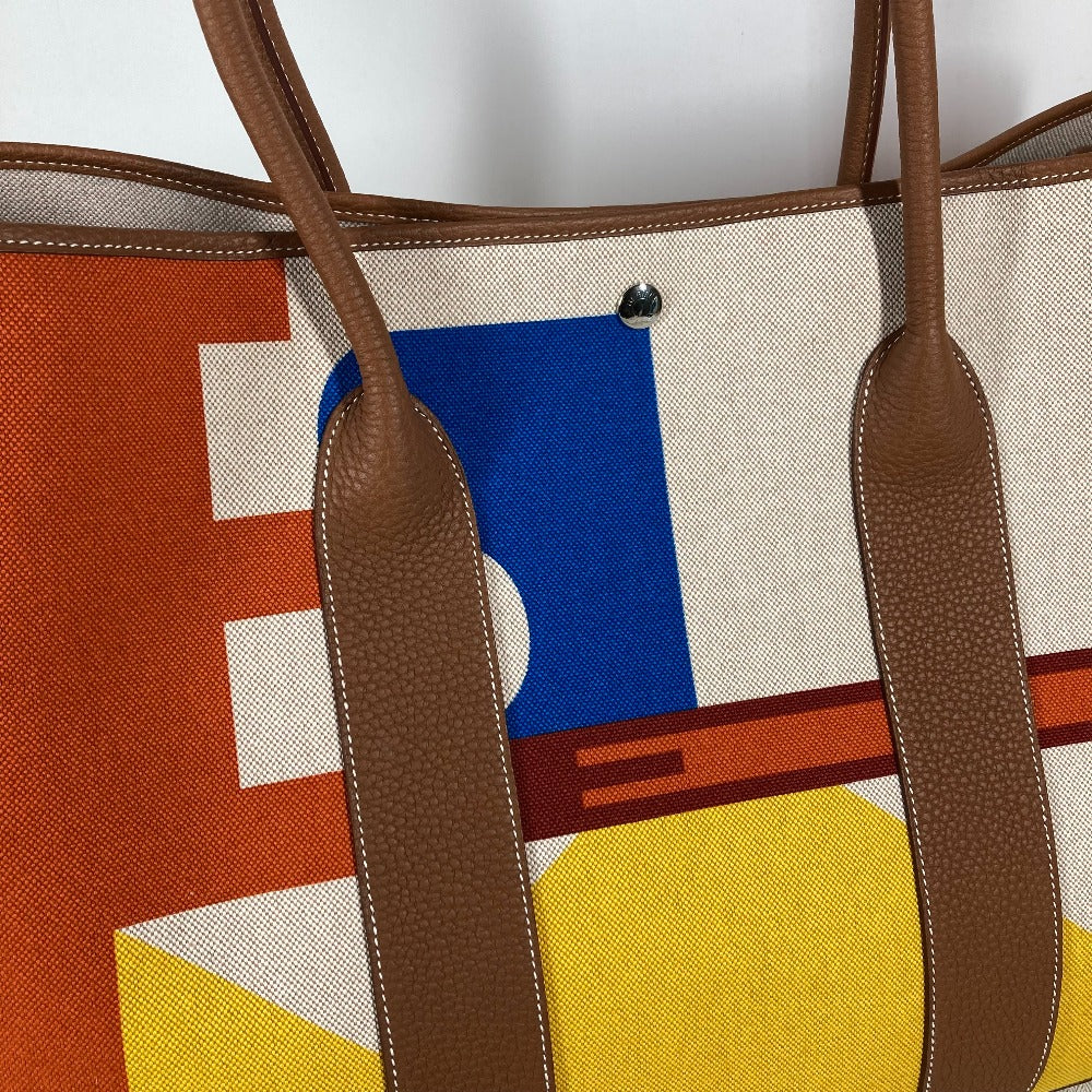 HERMES Tote Bag Toile H, Leather Orange Garden Party GM Voyage