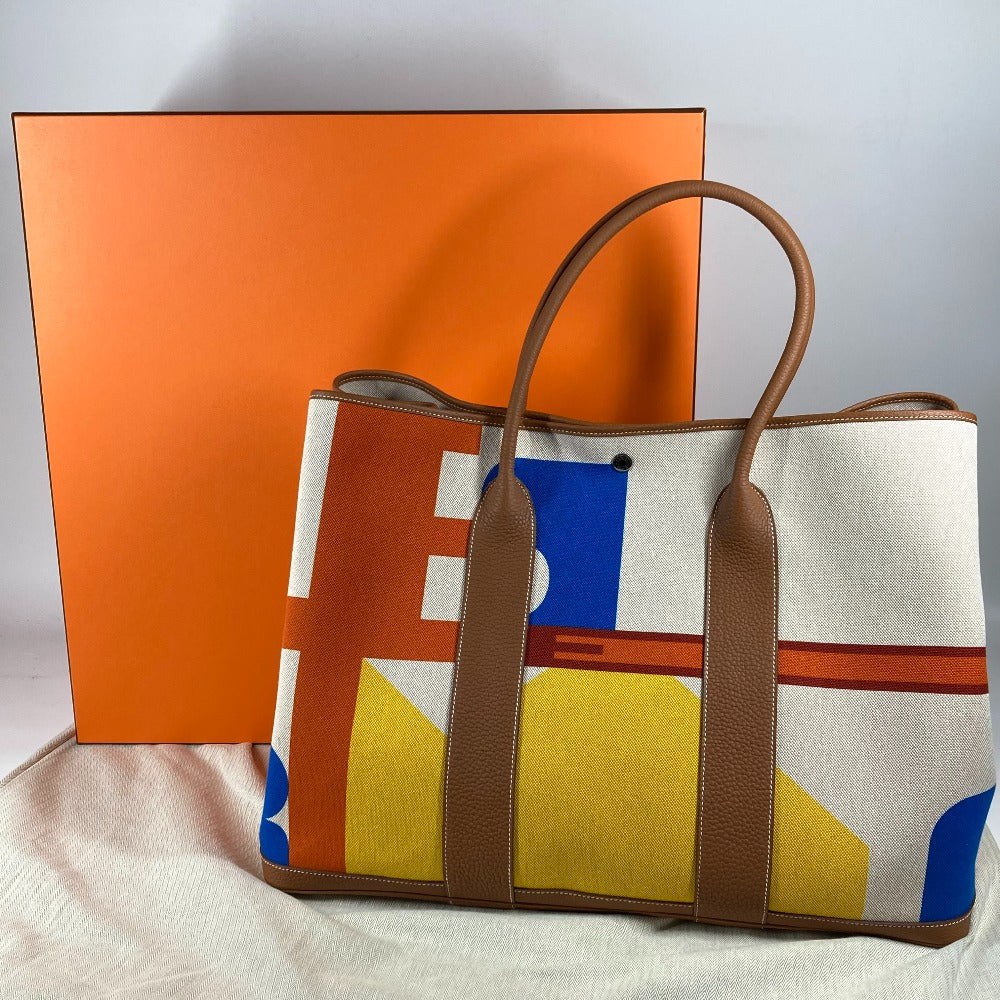 HERMES Tote Bag Toile H, Leather Orange Garden Party GM Voyage