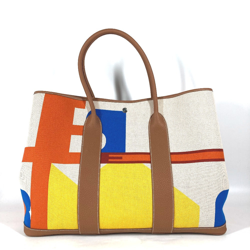 HERMES Tote Bag Toile H, Leather Orange Garden Party GM Voyage