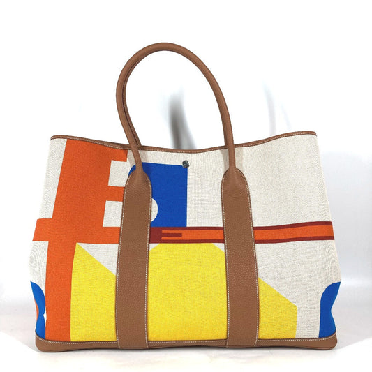 HERMES Tote Bag Toile H, Leather Orange Garden Party GM Voyage