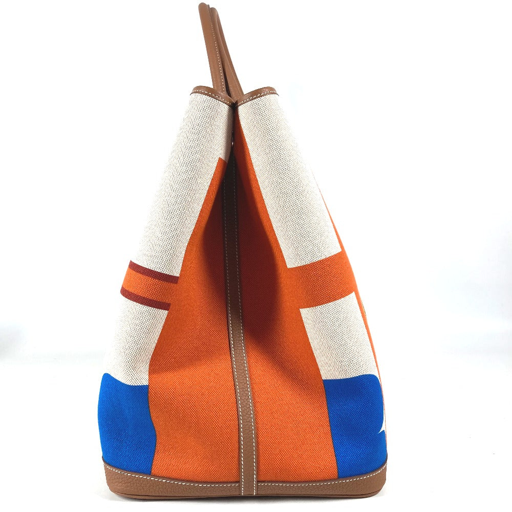 HERMES Tote Bag Toile H, Leather Orange Garden Party GM Voyage