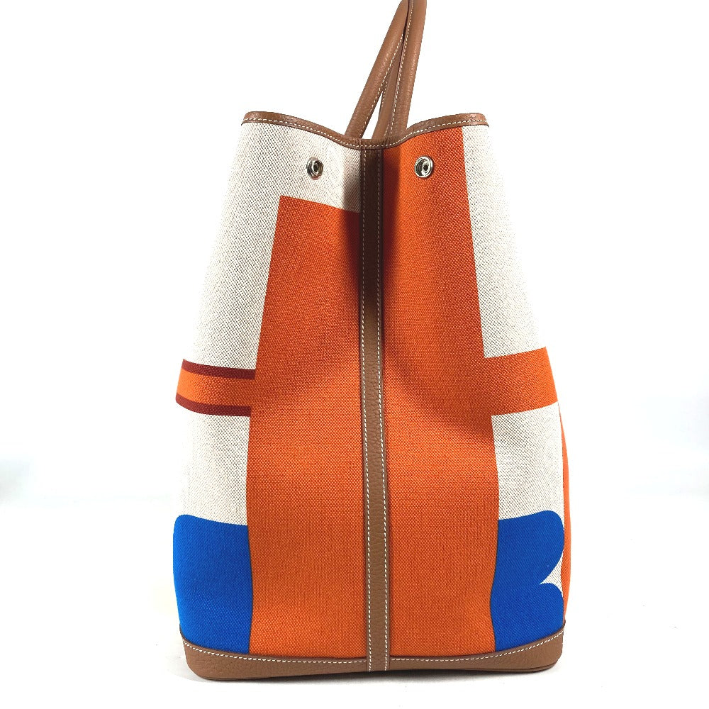 HERMES Tote Bag Toile H, Leather Orange Garden Party GM Voyage