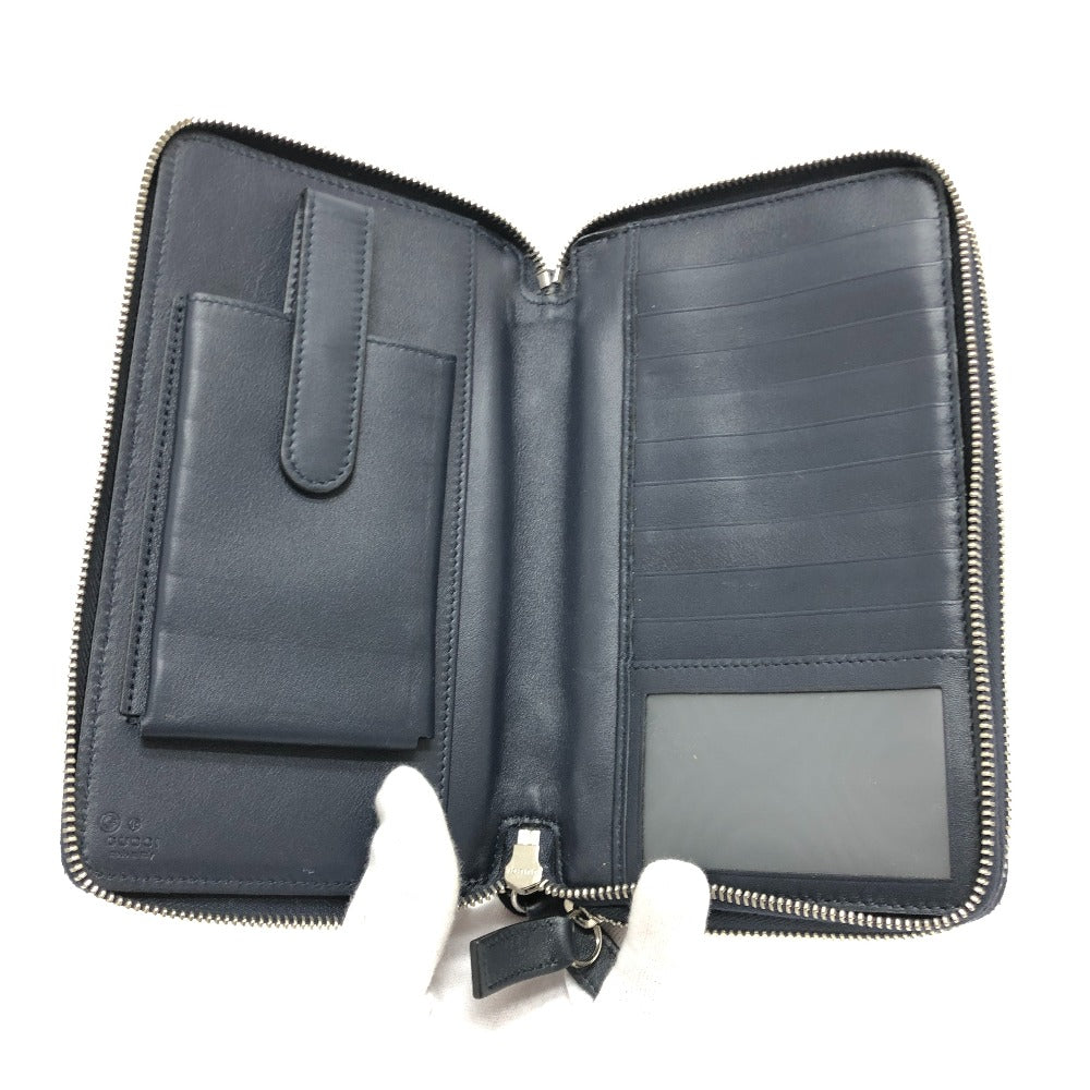 GUCCI Long Wallet Purse 449246 Sima leather Navy GG Micro Guccissima mens Used