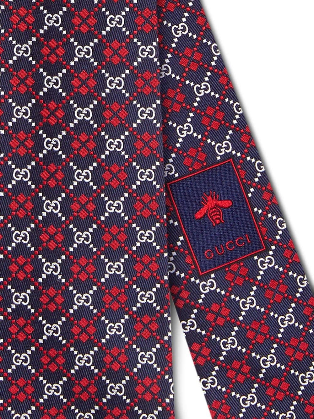 Gucci Navy Silk Tie with Red Diamonds and Interlocking GG