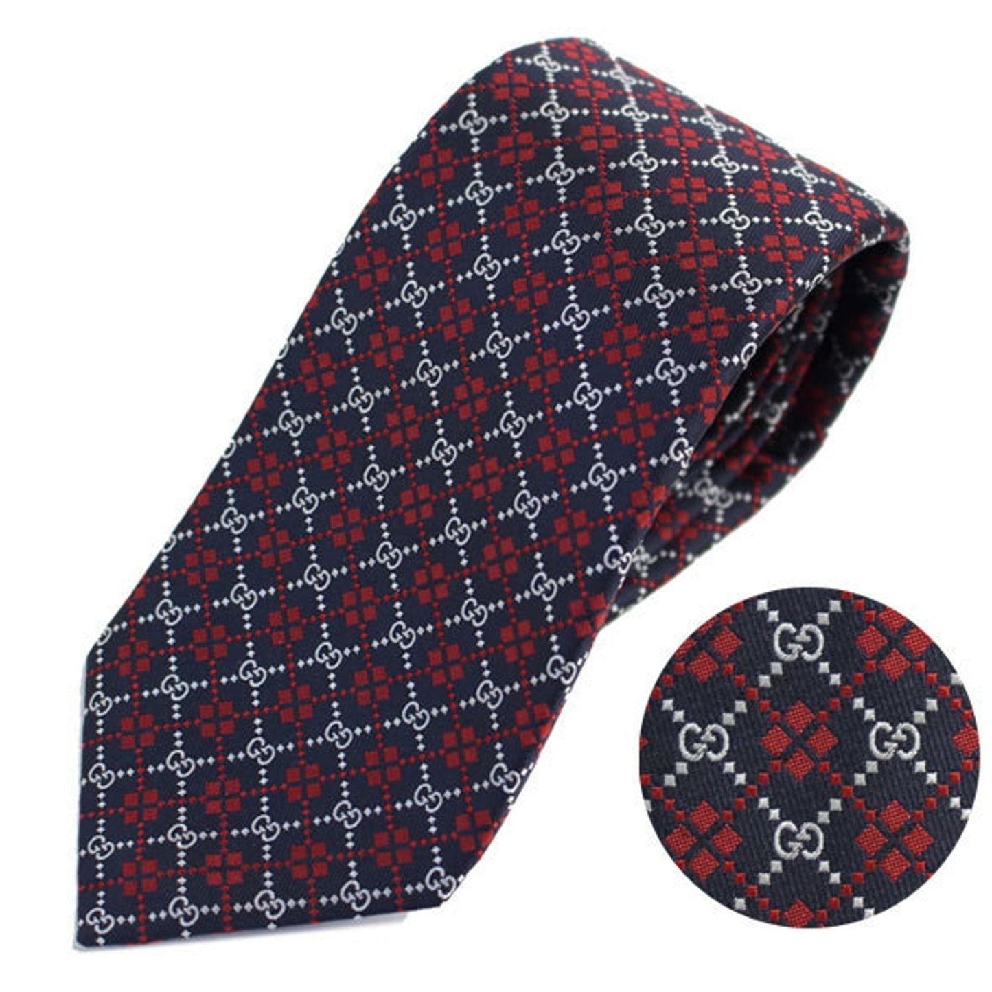 Gucci Navy Silk Tie with Red Diamonds and Interlocking GG
