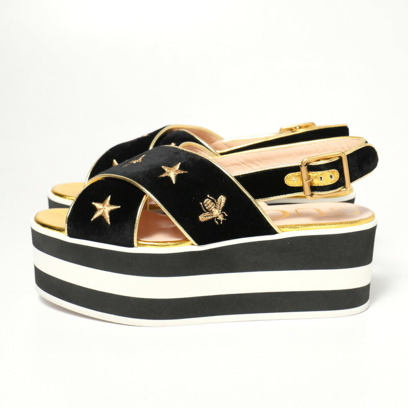 GUCCI Sandals velvet Black / white / gold 34 1/2