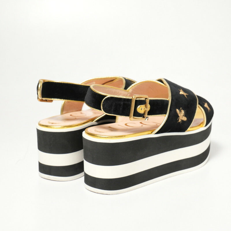 GUCCI Sandals velvet Black / white / gold 34 1/2