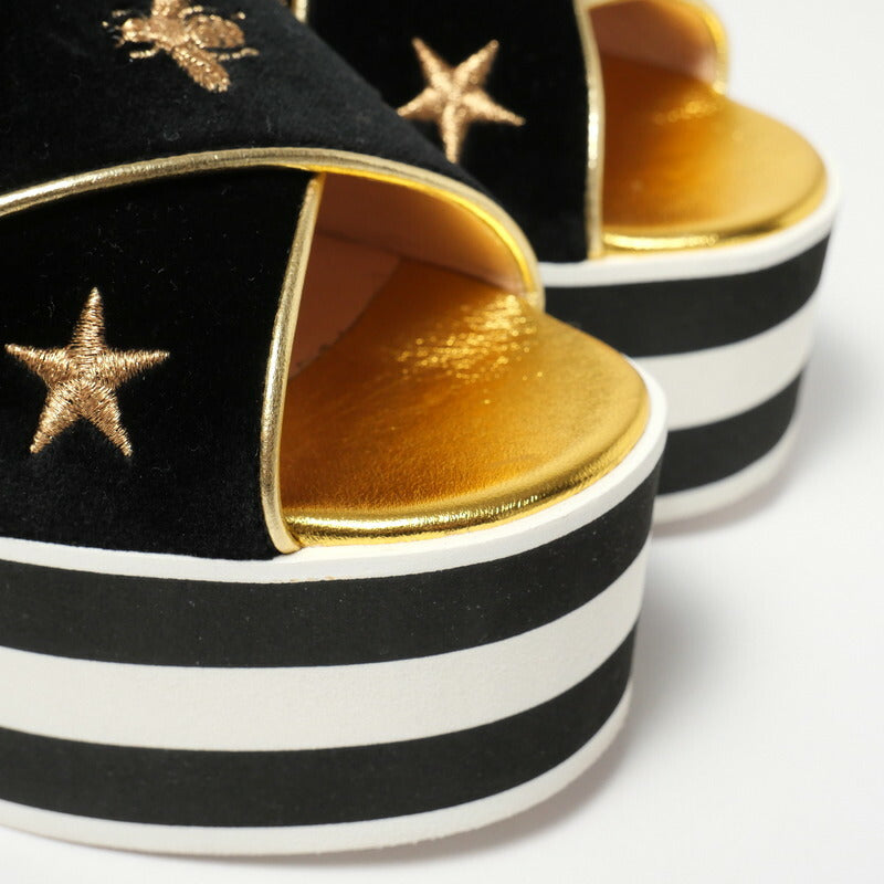 GUCCI Sandals velvet Black / white / gold 34 1/2