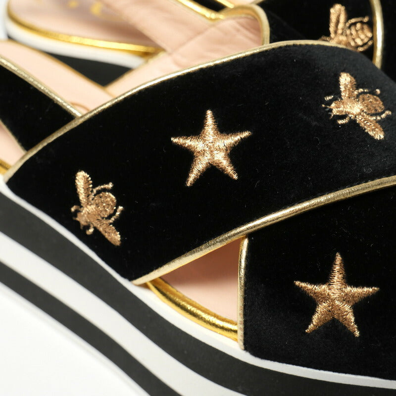 GUCCI Sandals velvet Black / white / gold 34 1/2